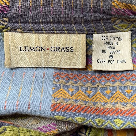 Lemon Grass Button Front Shirt Women S Patchwork Pattern Long Sleeve Cotton - Picture 11 of 12